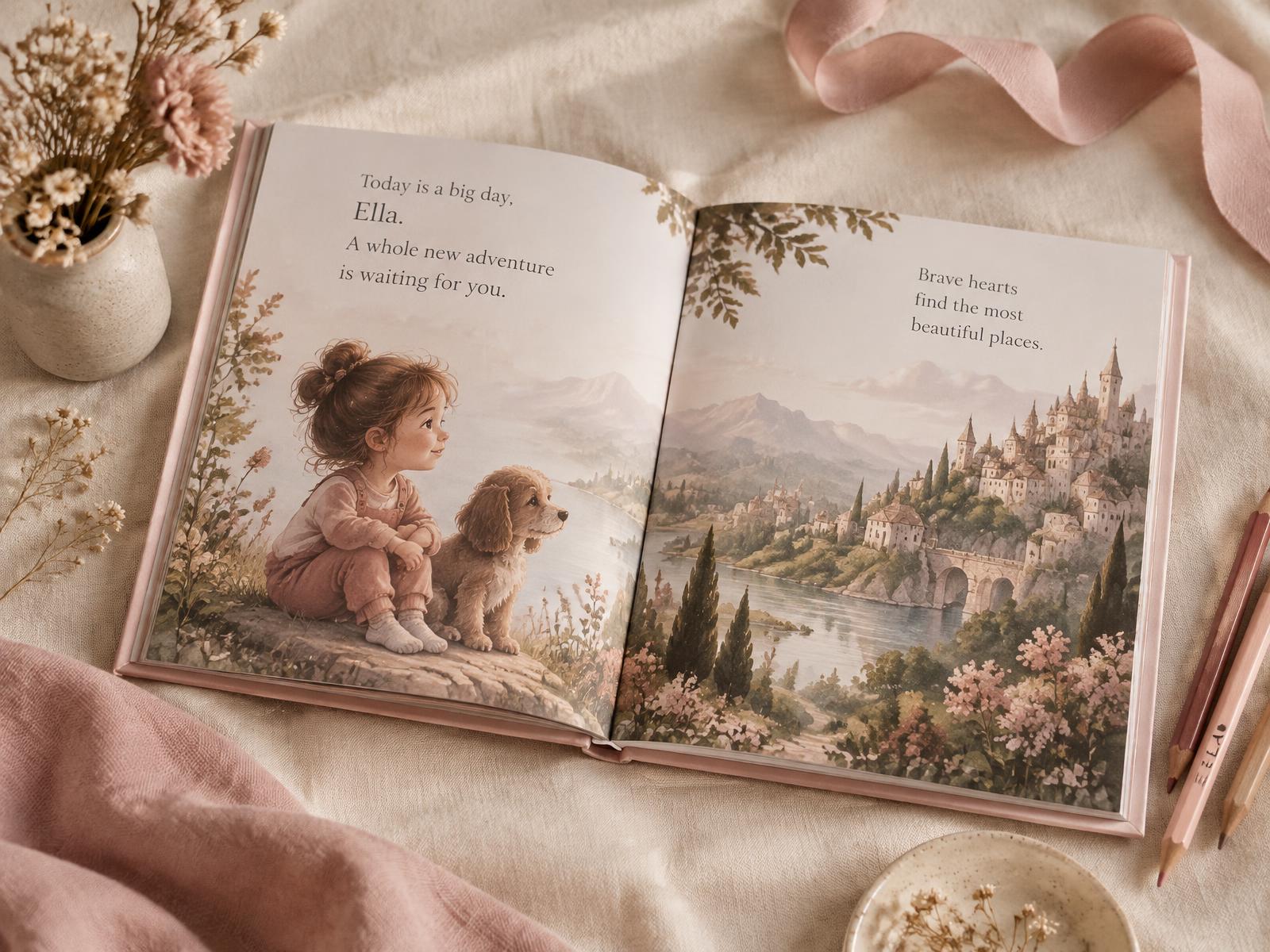 A personalised inkbunny storybook lying open on linen